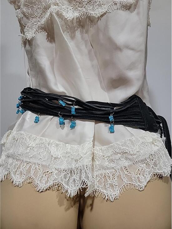 Suede leather Strained  Southwestern Style Turquoise-colored beads attached Belt main image 3